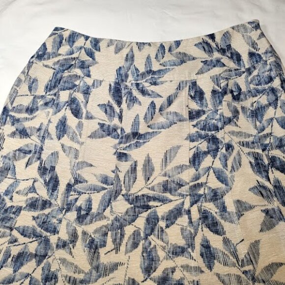 ANN TAYLOR Beige Silk Linen Blend Blue Leaf Print Knee Length A-Line Skirt 0 - Picture 3 of 12